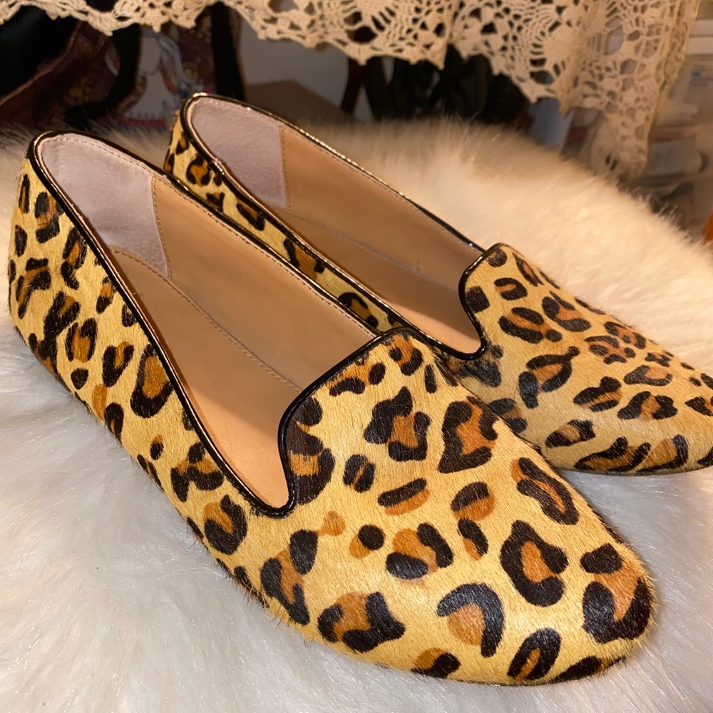 Used J Crew slip on leather/animal fur shoes